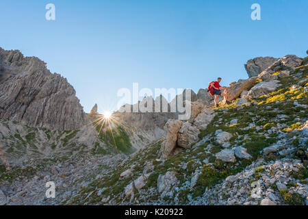 Lors de l'ascension, randonneur, Fuchskarspitze Balkenspitzen Hochalpen, Allgäu, Allgäu, Bavière, Allemagne Banque D'Images