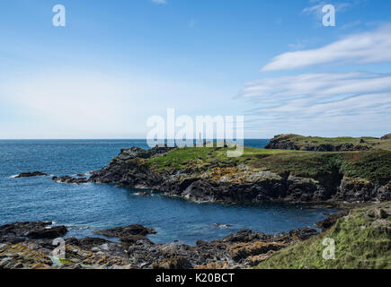 Vue vers la flaque et phare de Rock Poulet Calf Of Man Banque D'Images