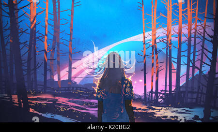 Femme debout seul en forêt avec l'arrière-plan des planètes fictif, art numérique, peinture style illustration Banque D'Images