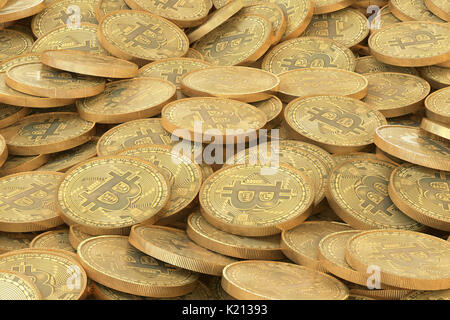 3D illustration : pile de pièces d'or des bitcoins. Beaucoup d'argent virtuel des jetons. Peut être utiliser comme arrière-plan macro. Banque D'Images