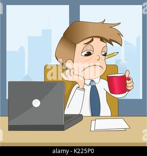 Ennuyeux businessman boivent du café au bureau - vector illustration Illustration de Vecteur