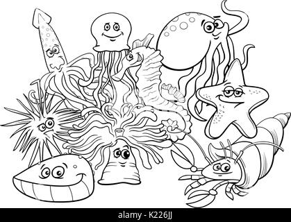 Dessin animé en noir et blanc Illustrations de Sea Life Groupe Caractères Animal Coloring Book Illustration de Vecteur