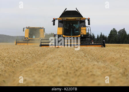 SALO, FINLANDE - le 18 août 2017 : deux nouvelles moissonneuses-batteuses New Holland TC, 5,70 et 5,80 RS CX RS sont mûrs de récolte d'orge sur Puontin Peltopaivat 2017 Agriculture Banque D'Images