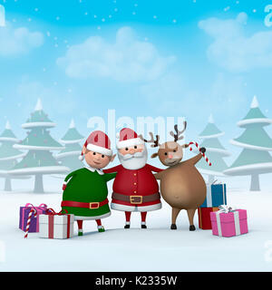 Le Père Noël, un lutin de Noël et d'un renne avec cadeaux de Noël dans un paysage d'hiver enneigé. Banque D'Images