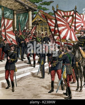 Guerre russo-japonaise (1904-1905). L'empereur japonais Meiji (1852-1912) le drapeau pour la prestation de ses troupes. La gravure. De couleur. Banque D'Images