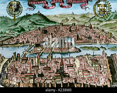 La France. Paris. Aperçu de la ville. Fin du 16e siècle. Gravure en couleur. Banque D'Images