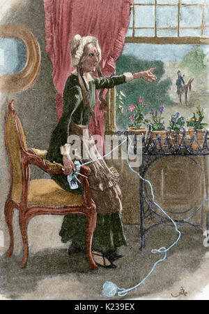 Charles Dickens (1812-1870). Romancier britannique. Scène de Bettsy Trotwood, du roman 'David Copperfield' (1849). Gravure de J. Balmard. 'La Ilustracion Iberica', 1898. De couleur. Banque D'Images
