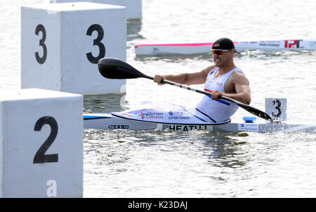 Racice, République tchèque. Août 27, 2017. LIAM HEATH d'Angleterre a gagné les hommes K1 200 m course finale au cours de la 2017 Championnats du monde de sprint en canoë à Racice, République tchèque, le 27 août 2017. Credit : Katerina Sulova/CTK Photo/Alamy Live News Banque D'Images