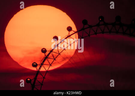 Londres, Royaume-Uni. 28 août, 2017. Météo France : orange derrière la grande roue London Eye se terminant les vacances de canicule © Guy Josse/Alamy Live News Banque D'Images