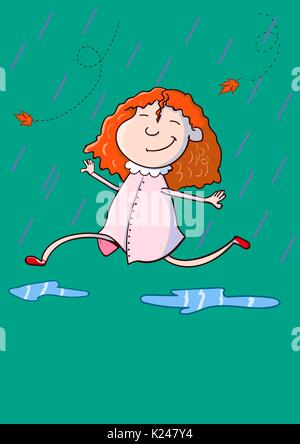 Hand drawn cartoon style happy cute girl tournant sous la pluie d'automne with copy space Illustration de Vecteur