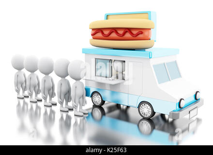 3d illustration. Hot dog food truck avec les blancs attendent en ligne. Concept de restauration rapide. Isolé sur fond blanc Banque D'Images