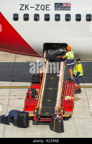 Bagages étant déchargés par les préposés aux bagages des passagers de l'avion à l'Aéroport International de Sydney, Nouvelle-Galles du Sud, Australie. Banque D'Images