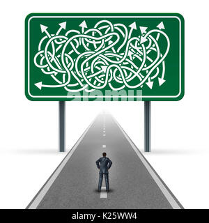 Concept commercial confus comme un portrait de la route en ligne droite avec un panneau de circulation qui a un groupe de flèches tordues. Banque D'Images