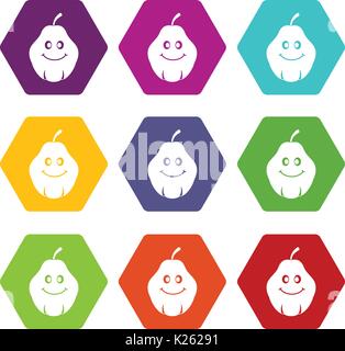 Smiling fruits coing hexaèdre couleur icon set Illustration de Vecteur