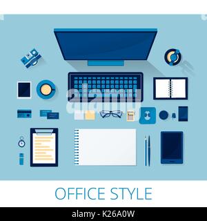 Ensemble de fournitures de bureau sur la table. Vue de dessus . Vector . Illustration de Vecteur
