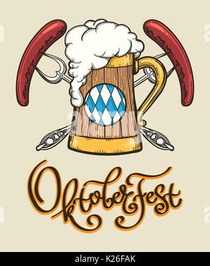 Oktoberfest rétro design. Poster with beer mug et deux saucisses sur fourches. Vector illustration. Illustration de Vecteur