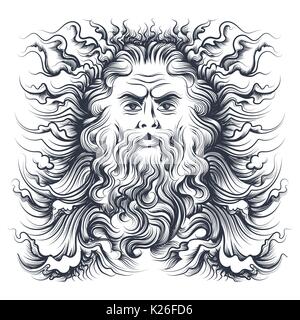 Neptune dieu de la mer romaine tête. Caractère mythologie tirées dans leur gravure. Vector illustration. Illustration de Vecteur