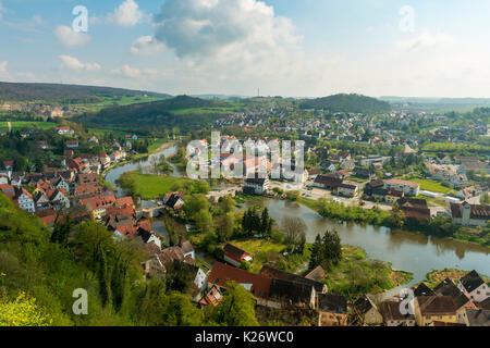 Avis de Harburg et rivière Wörnitz, Donau-Ries, Bavière, Allemagne Banque D'Images