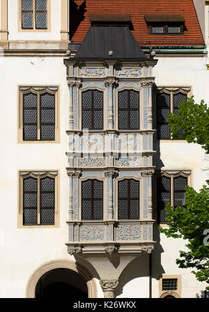 Oriel dans la cour du château fort, le château de Hartenfels, Torgau, Lutherweg, Saxe, Allemagne Banque D'Images