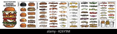 Ensemble d'ingrédients isolés pour construire votre propre burger et sandwich. cute style dessiné à la main et colorés en contour noir sur fond blanc. Illustration de Vecteur