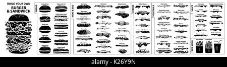 Ensemble d'ingrédients isolés pour construire votre propre burger et sandwich. cute style dessinés à la main, en silhouette sur fond blanc. Illustration de Vecteur