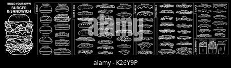 Ensemble d'ingrédients isolés pour construire votre propre burger et sandwich. cute style dessiné à la main en noir et blanc indiquant plan sur fond noir. Illustration de Vecteur