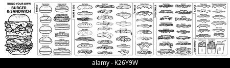 Ensemble d'ingrédients isolés pour construire votre propre burger et sandwich. cute style dessiné à la main en contour noir et blanc avion sur fond blanc. Illustration de Vecteur