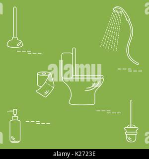 Vector illustration avec la cuvette des toilettes, douche, papier toilette, distributeur de savon, brosse pour le plongeur, la cuvette des toilettes. Conception pour poster ou imprimer. Illustration de Vecteur