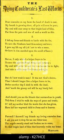 En travers de la guerre civile américaine, intitulée "La mort du confédéré derniers mots, ' racontant l'histoire d'un soldat confédéré mourant qui a consacré sa vie à la liberté de sa patrie sud, Maryland, United States, 1862. Banque D'Images