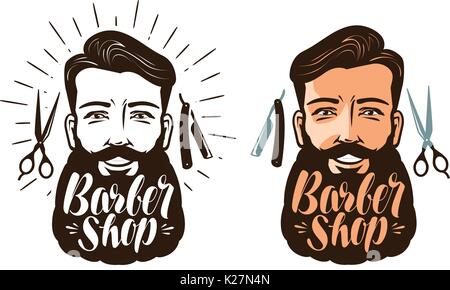 Salon de coiffure logo ou label. Portrait d'homme heureux avec barbe, hipster. Vector illustration lettrage Illustration de Vecteur