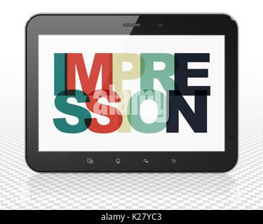Concept Marketing : Tablet PC Ordinateur avec Impression sur l'affichage Banque D'Images
