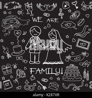 Décoration mariage, les mots que nous sommes une famille ! Sur le fond noir, dessin à la main doodle, vector illustration Illustration de Vecteur