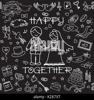 Décoration mariage, les mots heureux ensemble. Sur le fond noir, dessin à la main doodle, vector illustration Illustration de Vecteur