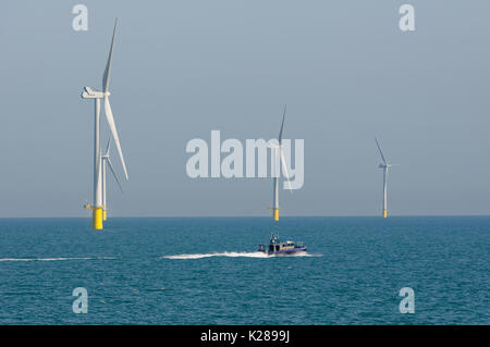 Un équipage de navire de transfert (CTV) dans le parc éolien offshore de Rampion Banque D'Images