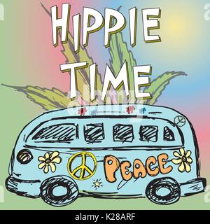 En arrière-plan en temps Hippie Hippie van, .feuille de marijuana. Vector illustration Illustration de Vecteur