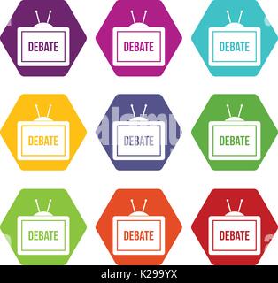 TV avec le débat de l'hexaèdre couleur inscription icon set Illustration de Vecteur