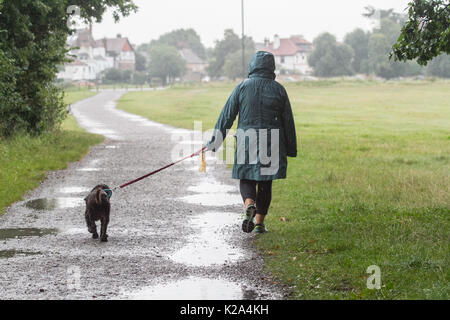 Londres, Royaume-Uni. Août 30, 2017. Météo britannique. Une femme promener son chien sur Wimbledon Common comme les pluies arrivent après une chaude August bank holiday weekend Crédit : amer ghazzal/Alamy Live News Banque D'Images