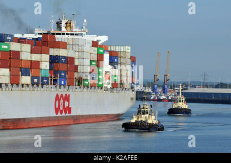 Un grand porte-conteneurs au terminal à conteneurs de Southampton est amarré avec containrtised remorqueurs du port de transport de marchandises d'exportation et d'importation Banque D'Images