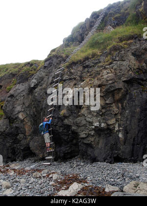 Échelle de corde d'escalade à proximité de Krossnes Strandir, Islande, Banque D'Images