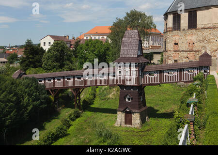 Pont en bois conçu par l'architecte slovaque Dušan Jurkovič reliant deux parties du jardin du château de Nové Město nad Metují en Bohême de l'Est, République tchèque. Banque D'Images