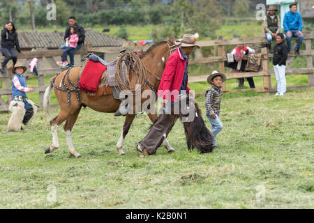 3 juin 2017, l'Équateur Machachi : un enfant et un cowboy avec un cheval marche en plein air dans la ville andine Banque D'Images
