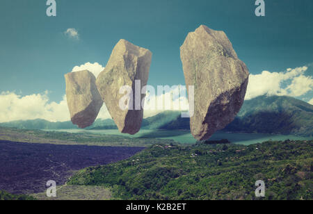 Des rochers flottant dans le ciel au-dessus du lac. Combinaison 3d concept illustration Banque D'Images