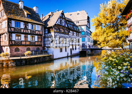 Maisons traditionnelles et de fleurs,ville de Strasbourg,alsace,France. Banque D'Images