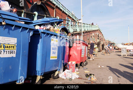 Bacs pleins de détritus et d'ordures sur le front de mer de Brighton après une longue journée d'été chaude UK Banque D'Images