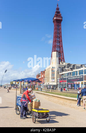 Blackpool, Fylde Coast, Lancashire, Angleterre. La crème glacée et vendeur de popcorn sur la promenade. La tour de Blackpool en arrière-plan. Banque D'Images