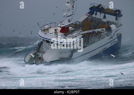 Bateau de pêche '' aux prises dans une tempête sur la mer du Nord, février 2016. Parution de la propriété. Banque D'Images