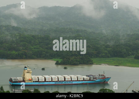 Container Ship navigation à travers le Canal de Panama. Tous les non-usages de rédaction doivent être effacés individuellement. Banque D'Images