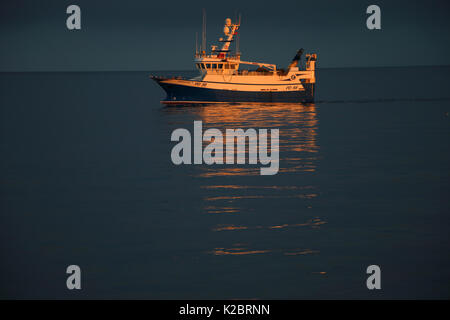 Bateau de pêche '' au coucher du soleil sur l'eau calme, Mer du Nord, septembre 2014. Tous les non-usages de rédaction doivent être effacés individuellement. Banque D'Images