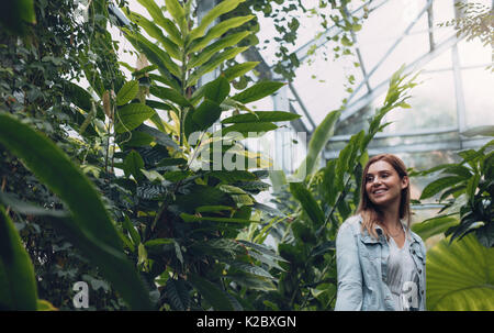 Femme debout près de l'effet de serre dans les plantes. Female looking at plants en pépinière. Banque D'Images