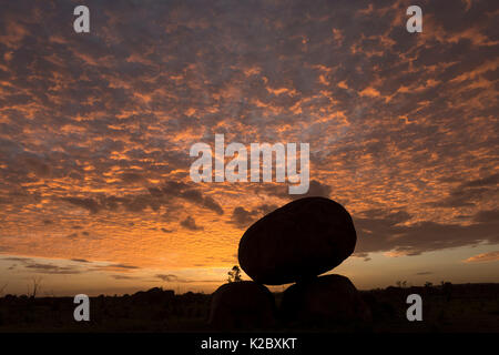 Devils Marbles silhouetté au coucher du soleil, avec le maquereau, sky Devils Marbles Conservation reserve, Territoire du Nord, Australie. Banque D'Images